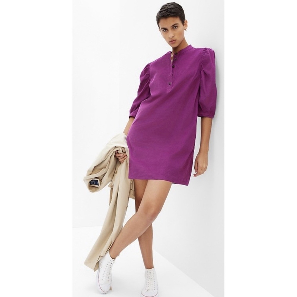 NWT GAP L Tall Corduroy Puff Sleeve Mini Dress Magenta Berry Pockets Tunic $80